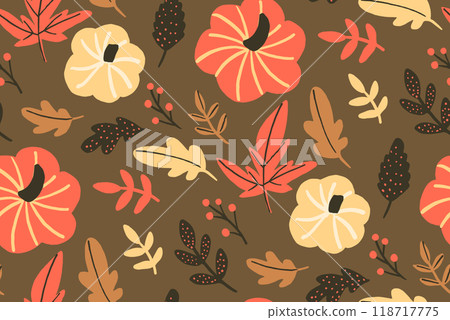 Autumn harvest pattern, seamless background with orange pumpkins and yellow leaves, Thanksgiving backdrop Autumn harvest pattern, seamless background with orange pumpkins and yellow leaves, Thanksgiving backdrop 118717775