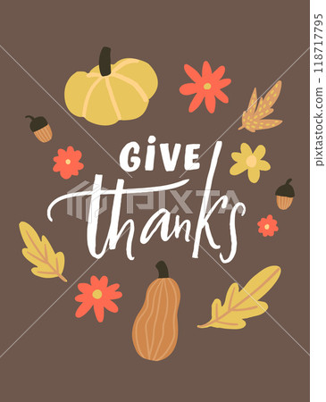 Give thanks poster, handwritten text in autumnleaf frame, Thanksgiving print, brown background 118717795