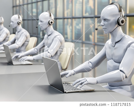Call center with humanoid chat bots answering calls 118717815