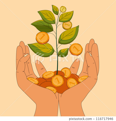 A financial growth art with a tree and coins in hand symbolizing investment and savings 118717946