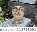Stone Owl Sculpture in a Garden Setting Among Rocks 118718091