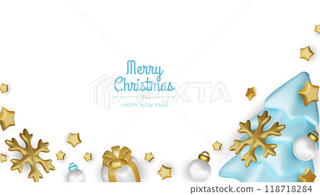 Merry christmas greeting card vector poster. Christmas elegant invitation template with xmas balls, xmas tree and snowflakes. Vector illustration holiday season greeting 118718284