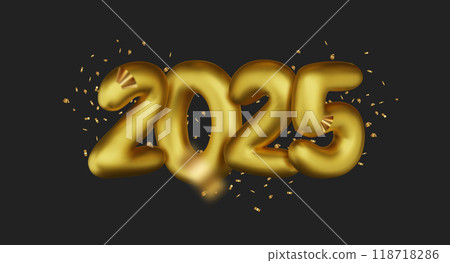 Realistic 2025 golden numbers and festive confetti on black background. Vector holiday illustration. Happy New 2025 Year. New year ornament. 118718286