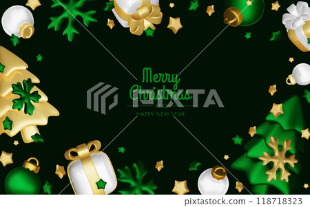 Merry Christmas and happy new year background. Christmas tree, Gift boxes, Christmas balls. Christmas element for web, banners, greeting card, template design. 118718323