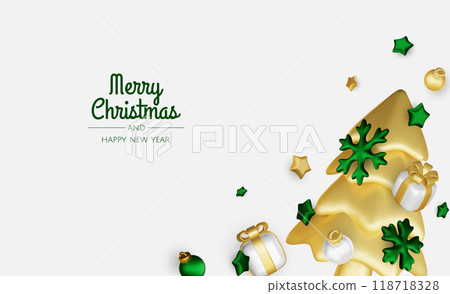 Merry christmas greeting card vector poster. Christmas elegant invitation template with xmas balls, xmas tree and snowflakes. Vector illustration holiday season greeting 118718328