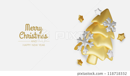 Merry christmas greeting card vector poster. Christmas elegant invitation template with xmas balls, xmas tree and snowflakes. Vector illustration holiday season greeting 118718332