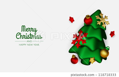 Merry Christmas and happy new year background. Christmas tree, Gift boxes, Christmas balls. Christmas element for web, banners, greeting card, template design. 118718333
