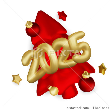 2025 Happy New Year. Realistic gift box Golden metal number. 3d render gold metallic sign and text letter. Christmas Poster, banner, cover card, brochure, flyer, layout design. 118718334