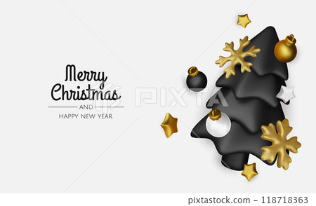 Merry christmas greeting card vector poster. Christmas elegant invitation template with xmas balls, xmas tree and snowflakes. Vector illustration holiday season greeting Merry christmas greeting card vector poster. Christmas elegant invitation template with xmas balls, xmas tree and snowflakes. Vector illustration holiday season greeting 118718363