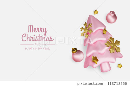 Merry Christmas and happy new year background. Christmas tree, Gift boxes, Christmas balls. Christmas element for web, banners, greeting card, template design. 118718366