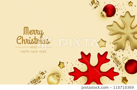 Happy New Year and Merry Christmas. Christmas holiday background with realistic 3d objects,gold and red bauble balls, conical metal stars. Levitation falling design composition. 118718369