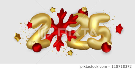 2025 Realistic glossy number with gold gift box. Happy New Year and Merry Christmas 2025. Greeting card. Vector 3d rendering. 2025 Realistic glossy number with gold gift box. Happy New Year and Merry Christmas 2025. Greeting card. Vector 3d rendering. 118718372