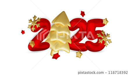2025 Happy New Year. Realistic gift box Golden metal number. 3d render red metallic sign and text letter. Christmas Poster, banner, cover card, brochure, flyer, layout design. 2025 Happy New Year. Realistic gift box Golden metal number. 3d render red metallic sign and text letter. Christmas Poster, banner, cover card, brochure, flyer, layout design. 118718392