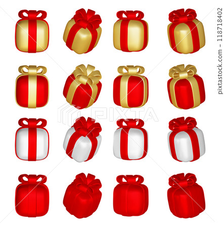 3d gift boxes set with yellow ribbon bow isolated on a white background. 3d render flying modern holiday closed surprise box. Realistic vector icon for present, birthday banners 118718402