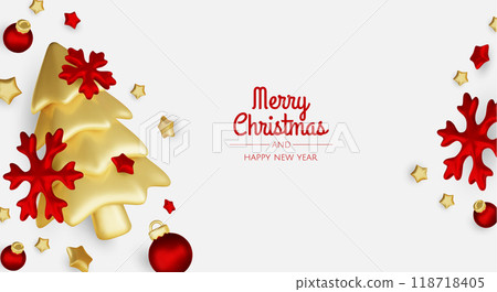 Happy New Year and Merry Christmas. Christmas holiday background with realistic 3d objects,gold and red bauble balls, conical metal stars. Levitation falling design composition. 118718405