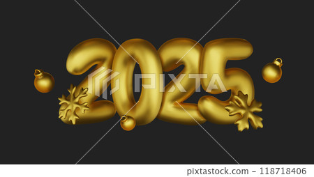 2025 Happy New Year. Realistic gift box Golden metal number. 3d render gold metallic sign and text letter. Christmas Poster, banner, cover card, brochure, flyer, layout design. 118718406