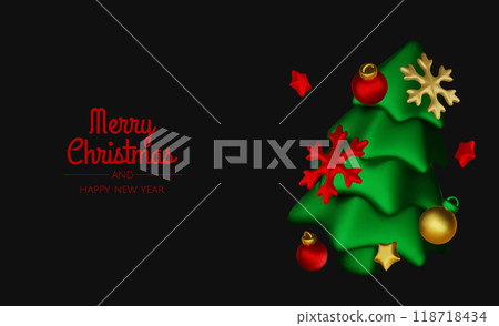 Happy New Year and Merry Christmas. Christmas holiday background with realistic 3d objects,gold and red bauble balls, conical metal stars. Levitation falling design composition. 118718434