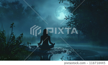 A person doing yoga on a moonlit night 118718445