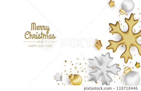 Happy New Year and Merry Christmas. Christmas holiday background with realistic 3d objects,gold and red bauble balls, conical metal stars. Levitation falling design composition. 118718446