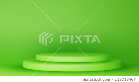Green podium mockup. Studio showroom pedestal, fashion showcase mock up scene or exhibition gallery display 3d vector podiums. 118718467