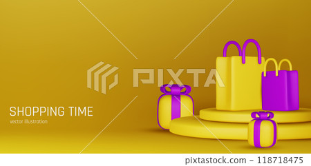 3d vector render online shopping bag using tags promotion or cash for future use. 3d vector shop purchase basket retail store on e-commerce 118718475