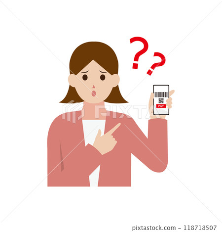 Illustration of a woman who doesn't understand cashless payment Illustration of a woman who doesn't understand cashless payment 118718507