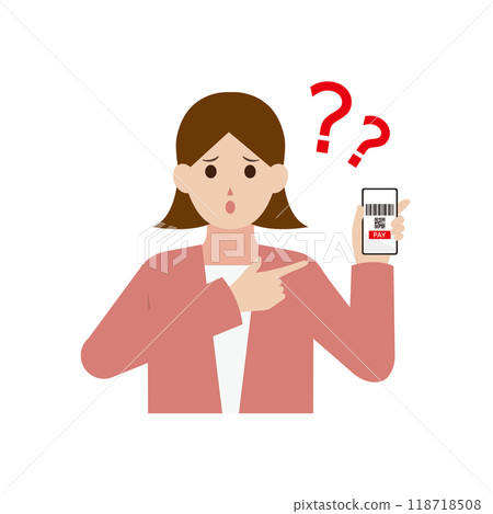 Illustration of a woman who doesn't understand cashless payment Illustration of a woman who doesn't understand cashless payment 118718508