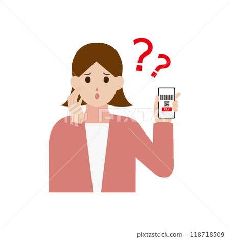 Illustration of a woman who doesn't understand cashless payment 118718509