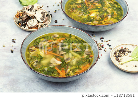 Mushroom spinach soup with spices. Mushroom spinach soup with spices. 118718591