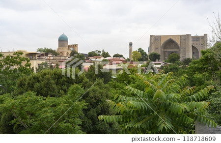 Panorama of Samarkand, Uzbekistan, with old houses and mausoleums in medieval Shahi Zinda complex Panorama of Samarkand, Uzbekistan, with old houses and mausoleums in medieval Shahi Zinda complex 118718609