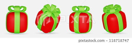 3d gift boxes set with ribbon bow isolated on a white background. 3d render flying modern holiday closed surprise box. 118718747