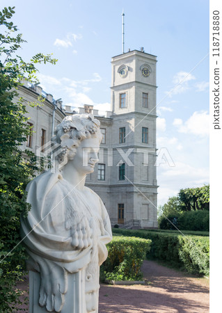 view of the towers of the Grand Gatchina Palace from the courtyard with statues view of the towers of the Grand Gatchina Palace from the courtyard with statues 118718880