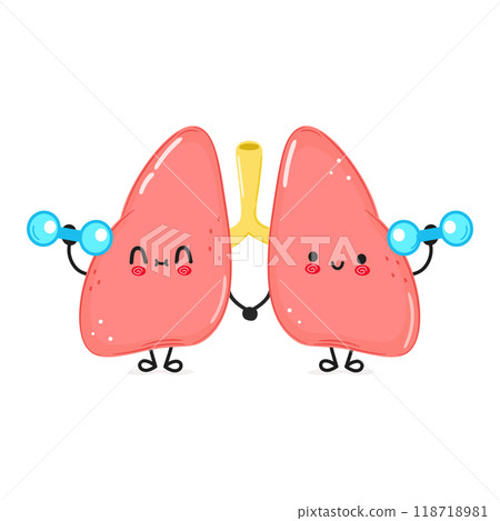 Cute funny Lungs character with dumbbells. Vector hand drawn cartoon kawaii character illustration icon. Isolated on white background. Lungs character gym concept Cute funny Lungs character with dumbbells. Vector hand drawn cartoon kawaii character illustration icon. Isolated on white background. Lungs character gym concept 118718981