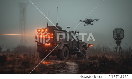 Military vehicle, robotic complex with lasers operates amidst drones. Generative AI 118718985