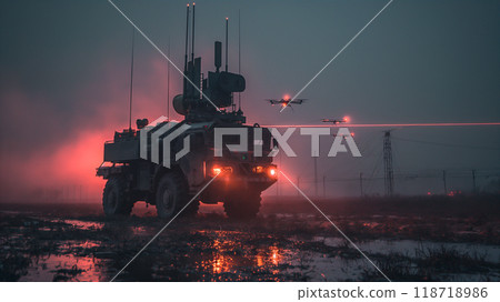 Military vehicle, robotic complex with lasers operates amidst drones. Generative AI 118718986