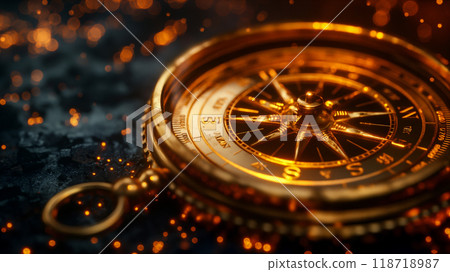 Vintage golden compass on textured black surface, concept adventure background. Generative AI Vintage golden compass on textured black surface, concept adventure background. Generative AI 118718987