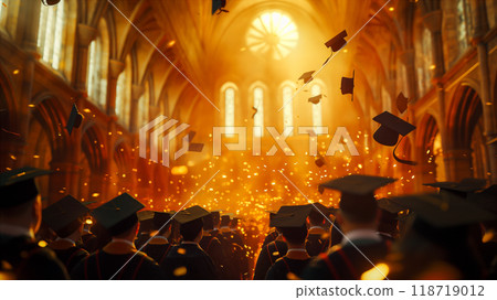 Graduation ceremony at sunset with graduates celebrating outdoors, education concept. Generative AI 118719012