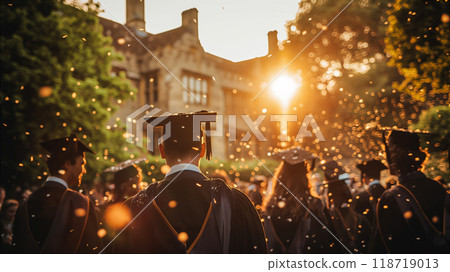 Graduation ceremony at sunset with graduates celebrating outdoors, education concept. Generative AI 118719013