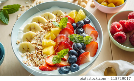 Delicious breakfast bowl with greek yogurt, fresh fruit, berries and granola. Generative AI 118719017
