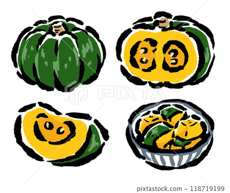 Whole pumpkin, sliced pumpkin, boiled pumpkin - brush stroke illustrations 118719199