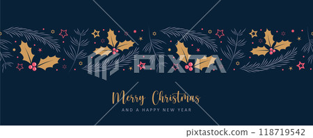 christmas greeting card banner with fir branches and holly berry border vector illustration christmas greeting card banner with fir branches and holly berry border vector illustration 118719542
