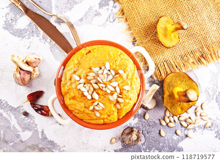 Pumpkin soup with wild mushrooms in bowl Pumpkin soup with wild mushrooms in bowl 118719577