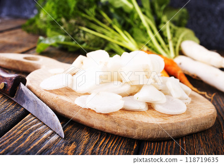 White radish on wooden board 118719635