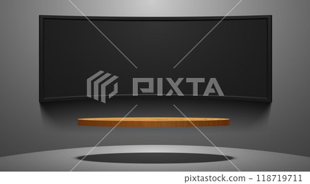 wooden podium with led screen blackground in the white room	 118719711