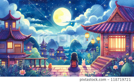 Young Girl on Night Watercolor Background 118719721