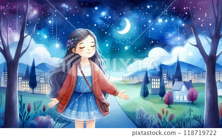 Sleeping Young Girl on Night Watercolor Background Sleeping Young Girl on Night Watercolor Background 118719722