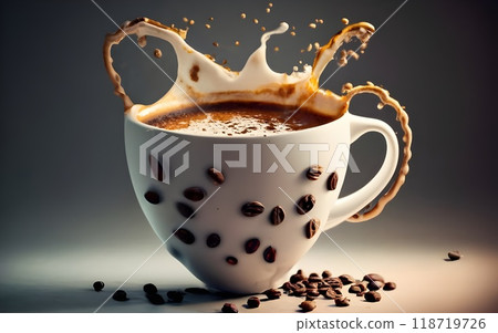 A dynamic scene of coffee beans and liquid swirling out of a white cup. The beans seem to be flowing from the cup, merging with the coffee splash, creating a lively and energetic motion. The cup sits  118719726