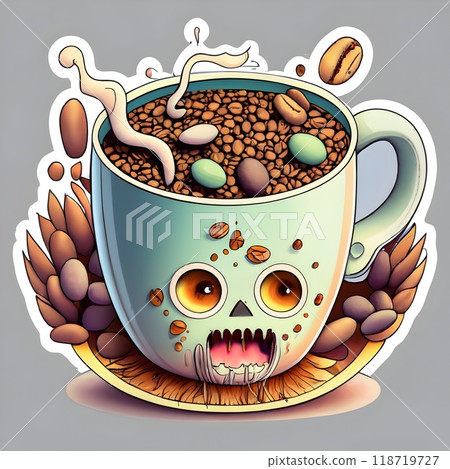 A dynamic scene of coffee beans and liquid swirling out of a white cup. The beans seem to be flowing from the cup, merging with the coffee splash, creating a lively and energetic motion. The cup sits A dynamic scene of coffee beans and liquid swirling out of a white cup. The beans seem to be flowing from the cup, merging with the coffee splash, creating a lively and energetic motion. The cup sits 118719727