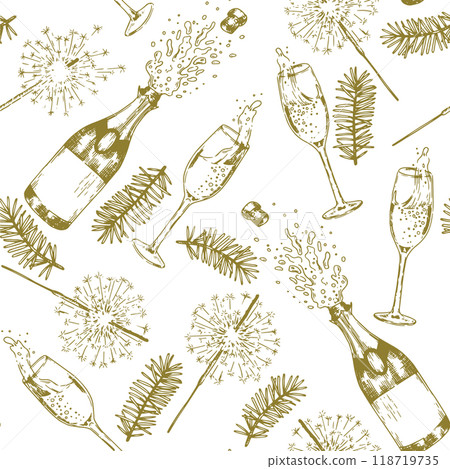 New Year's seamless pattern with glasses of champagne and sparklers. holiday print in sketch style 118719735