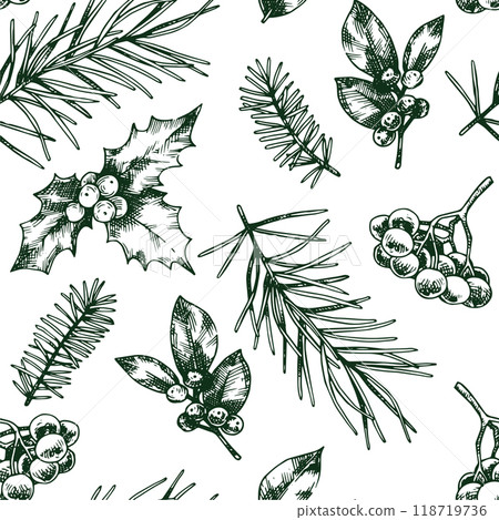 Christmas seamless pattern. with branches of fir, holly and other Christmas plants in sketch style 118719736